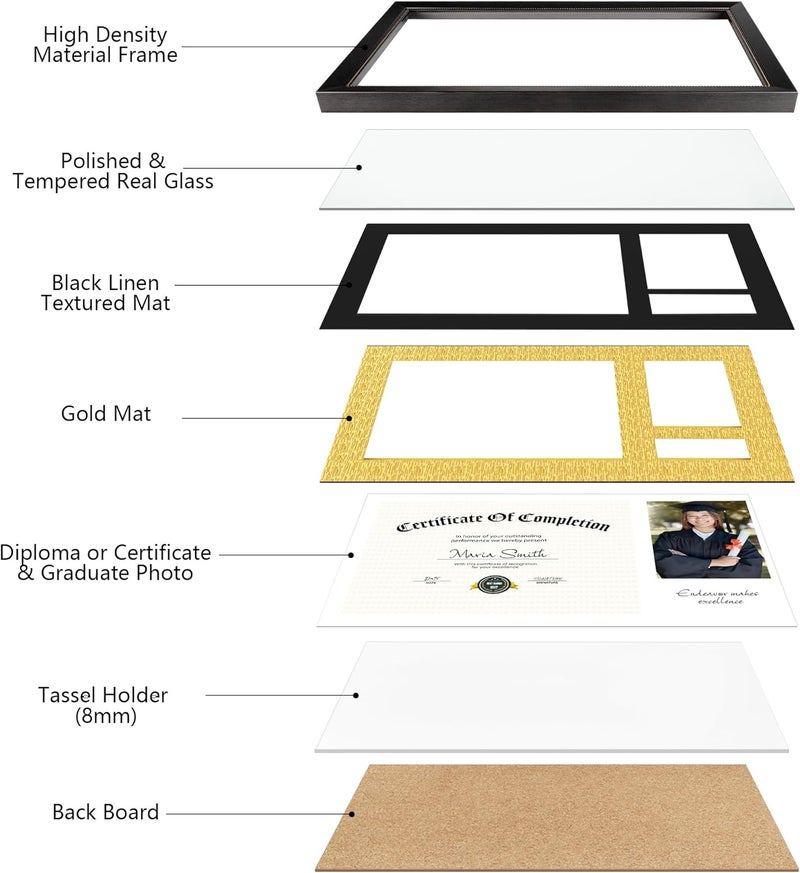 GiftMust 11x18.5 Graduate Frame for 8.5x11 Certificate Document, Display One 8.5x11 Diploma and One 4x6 Graduate photo, Real Glass, Black Frame with Black Over Gold Double Mats - Image 4